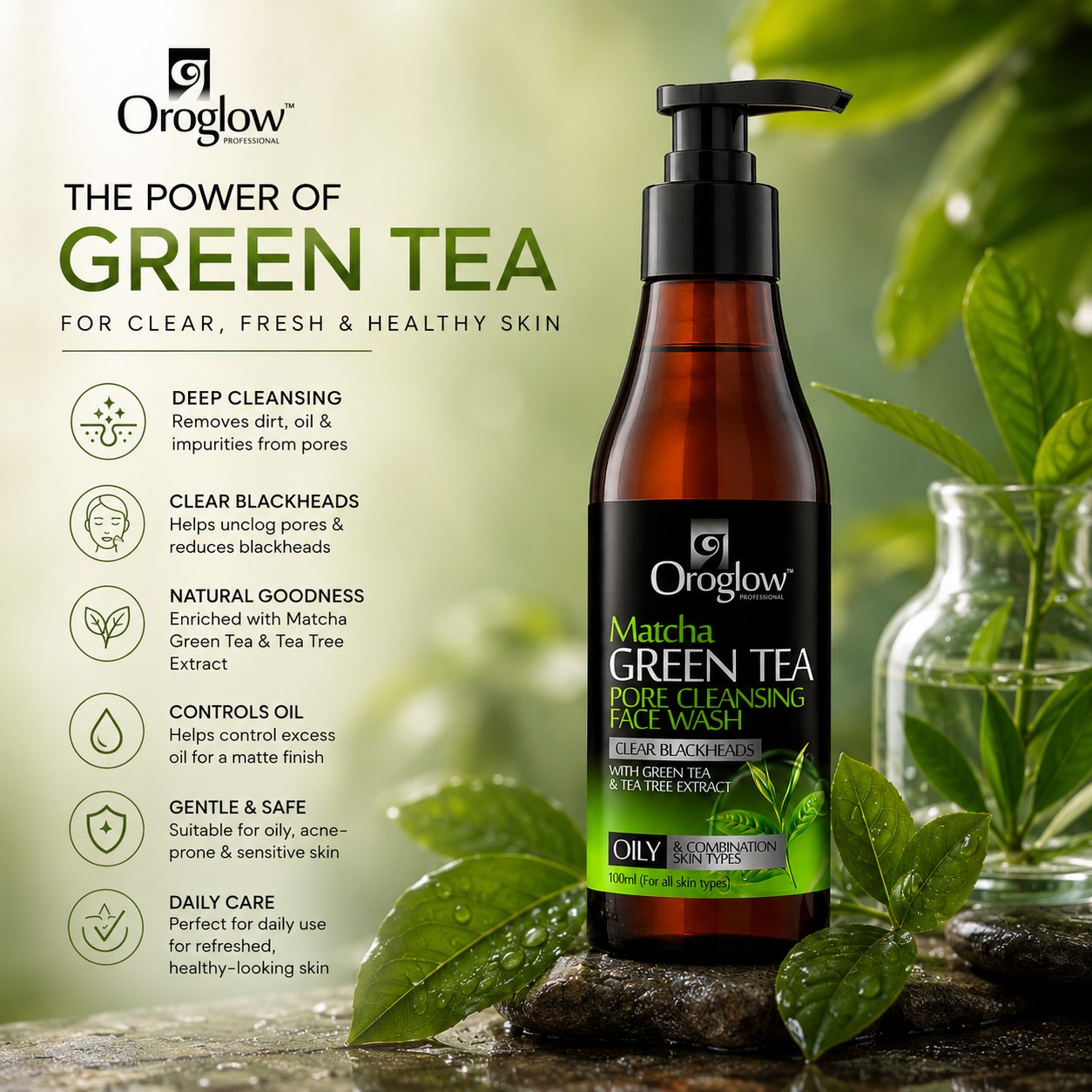 Oroglow Matcha Green Tea with Vitamin C & Hyaluronic Acid Face Wash (150 ml)