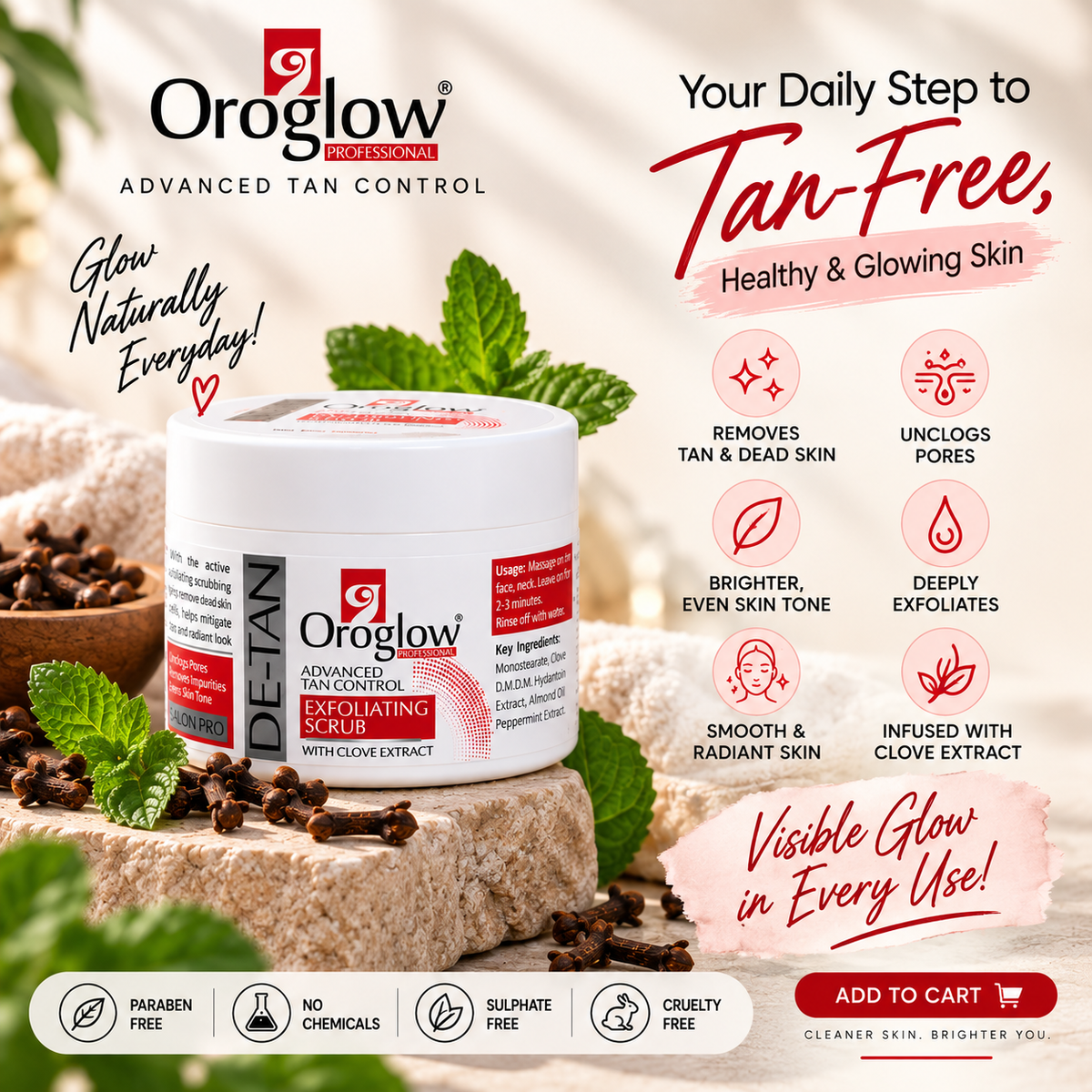 Oroglow Professional De-Tan Exfoliating Scrub with Clove Extract | Advanced Tan Control & Skin Brightening Scrub
