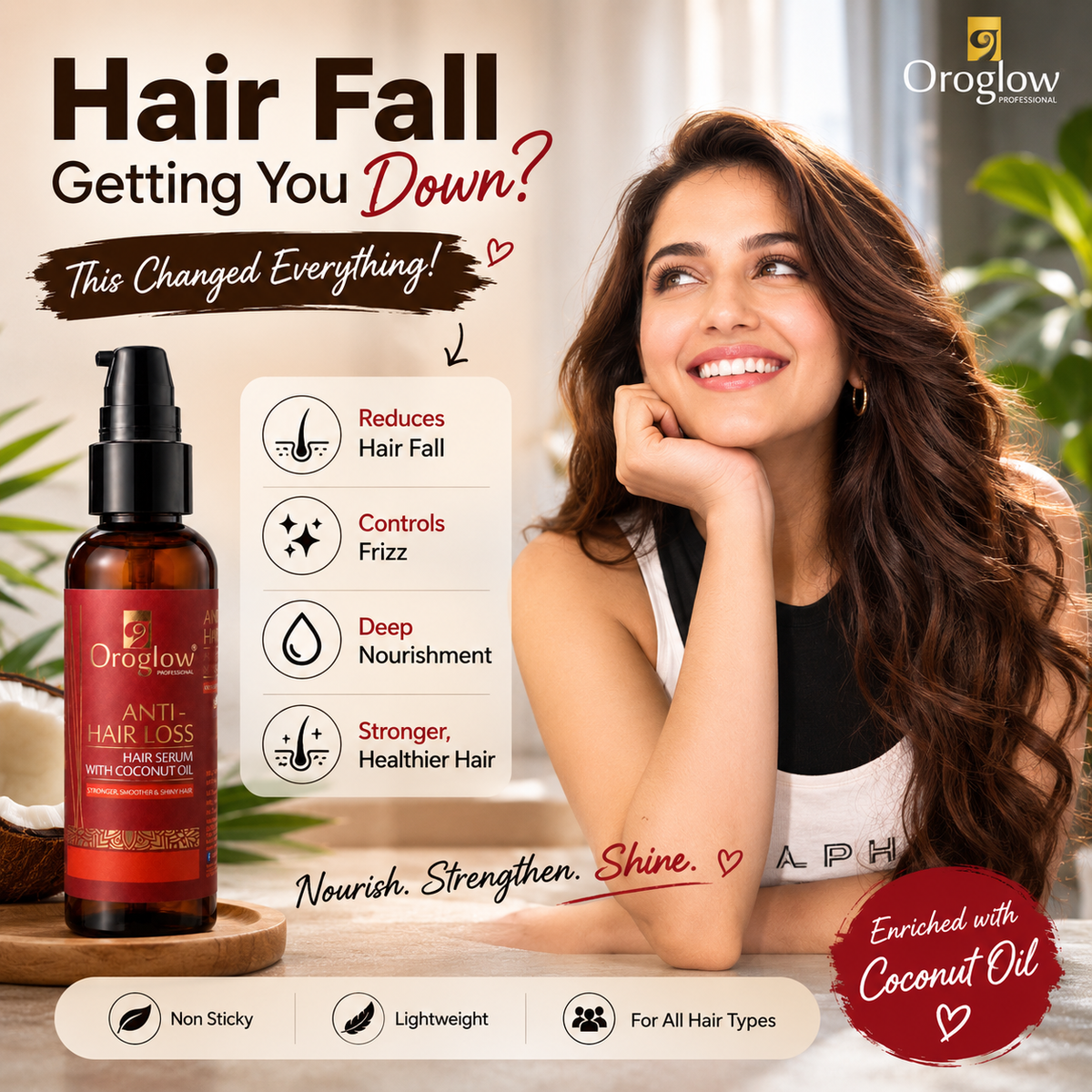 Oroglow Professional Anti-Hair Loss Hair Serum with Coconut Oil | Hair Strengthening & Frizz Control Serum