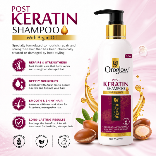 Oroglow Professional Post Keratin Shampoo 250ml | Sulphate Free Damage Repair Shampoo with Argan & Essential Oils | Smooth, Shiny & Nourished Hair
