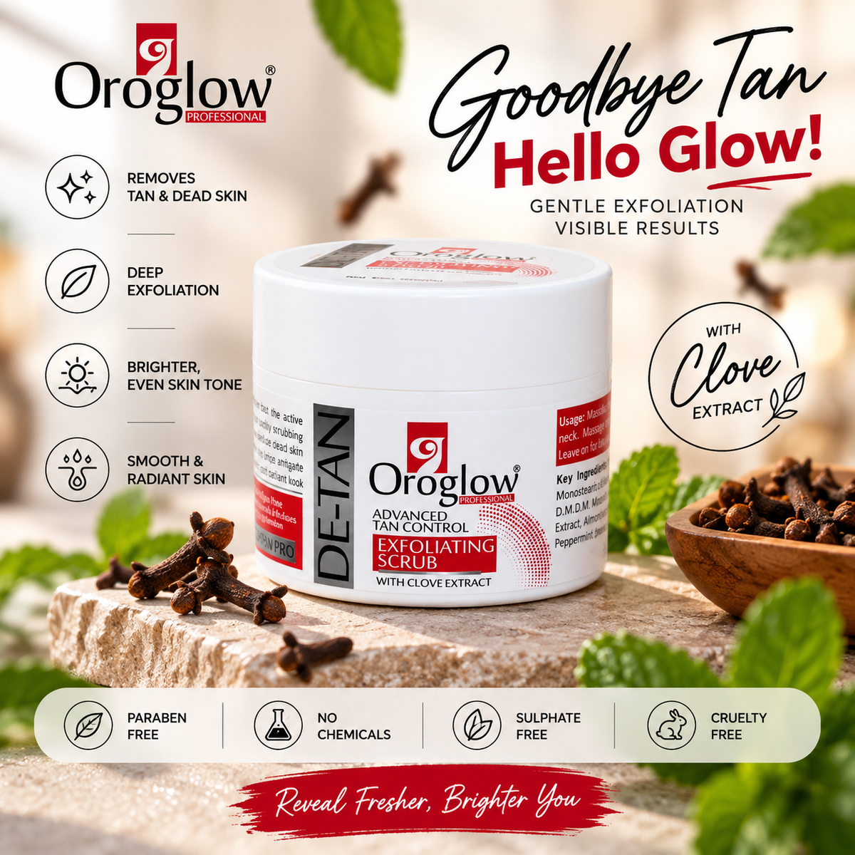 Oroglow Professional De-Tan Exfoliating Scrub with Clove Extract | Advanced Tan Control & Skin Brightening Scrub