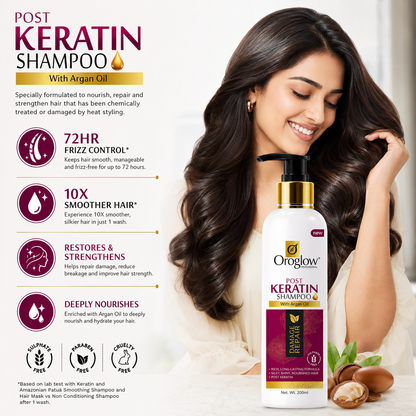 Oroglow Professional Post Keratin Shampoo 250ml | Sulphate Free Damage Repair Shampoo with Argan & Essential Oils | Smooth, Shiny & Nourished Hair