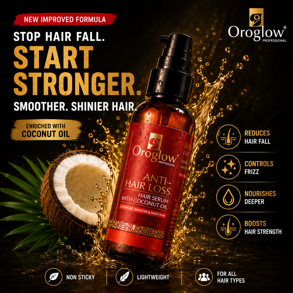Oroglow Professional Anti-Hair Loss Hair Serum with Coconut Oil | Hair Strengthening & Frizz Control Serum