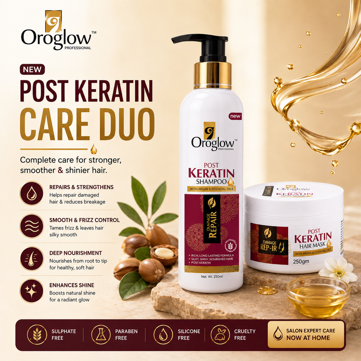 Oroglow Post Keratin Treatment Shampoo & Mask | Restores Keratin |