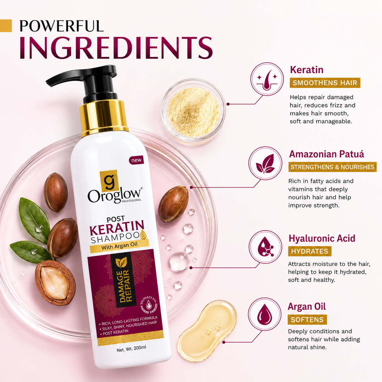 Oroglow Professional Post Keratin Shampoo 250ml | Sulphate Free Damage Repair Shampoo with Argan & Essential Oils | Smooth, Shiny & Nourished Hair