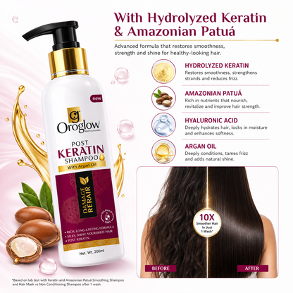 Oroglow Professional Post Keratin Shampoo 250ml | Sulphate Free Damage Repair Shampoo with Argan & Essential Oils | Smooth, Shiny & Nourished Hair