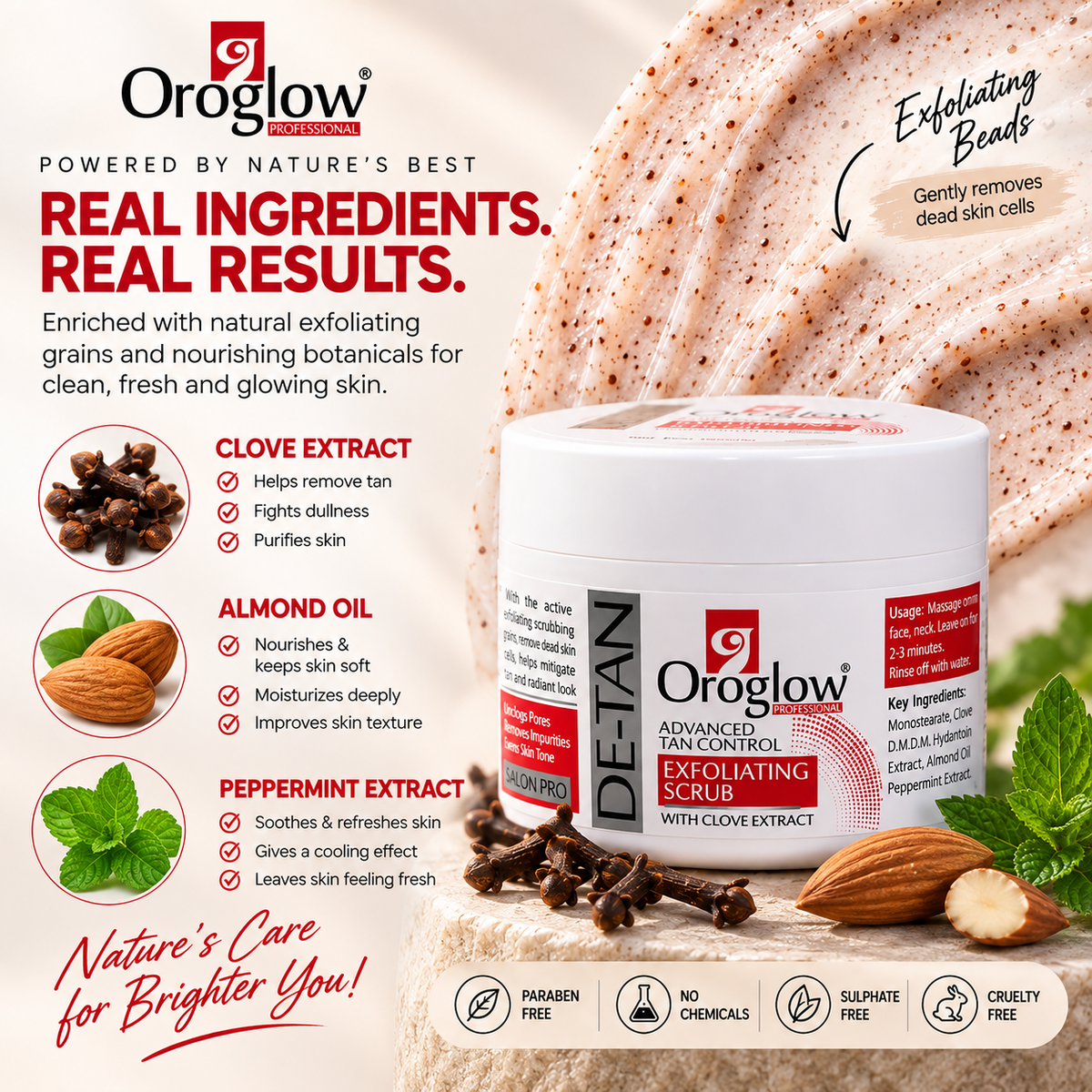 Oroglow Professional De-Tan Exfoliating Scrub with Clove Extract | Advanced Tan Control & Skin Brightening Scrub