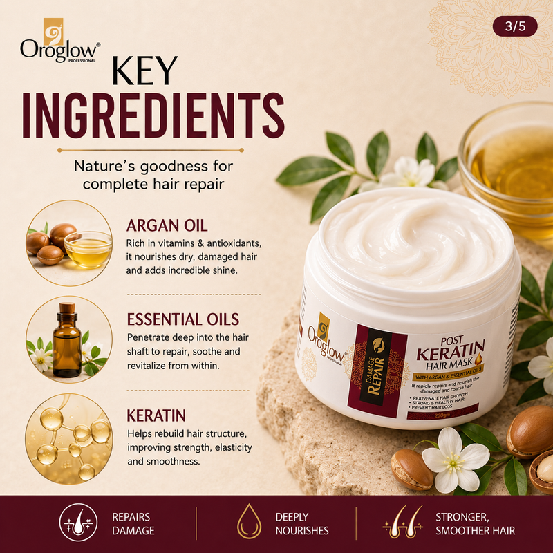 Oroglow Professional Post Keratin Hair Mask | Damage Repair Hair Mask with Argan Oil, Keratin & Essential Oils | Deep Nourishing Hair Spa Cream for Dry, Frizzy & Chemically Treated Hair | 250g