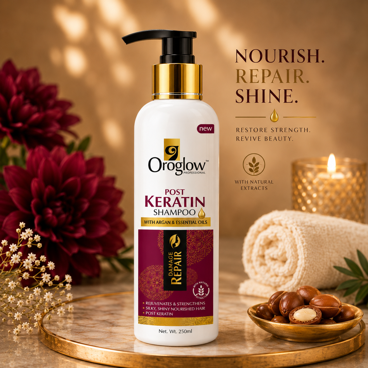 Oroglow Professional Post Keratin Shampoo 250ml | Sulphate Free Damage Repair Shampoo with Argan & Essential Oils | Smooth, Shiny & Nourished Hair