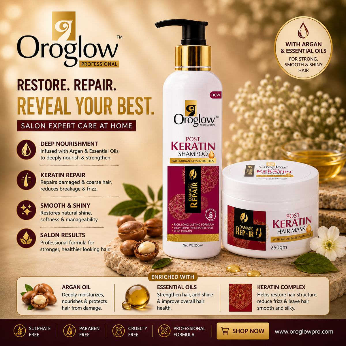 Oroglow Post Keratin Treatment Shampoo & Mask | Restores Keratin |