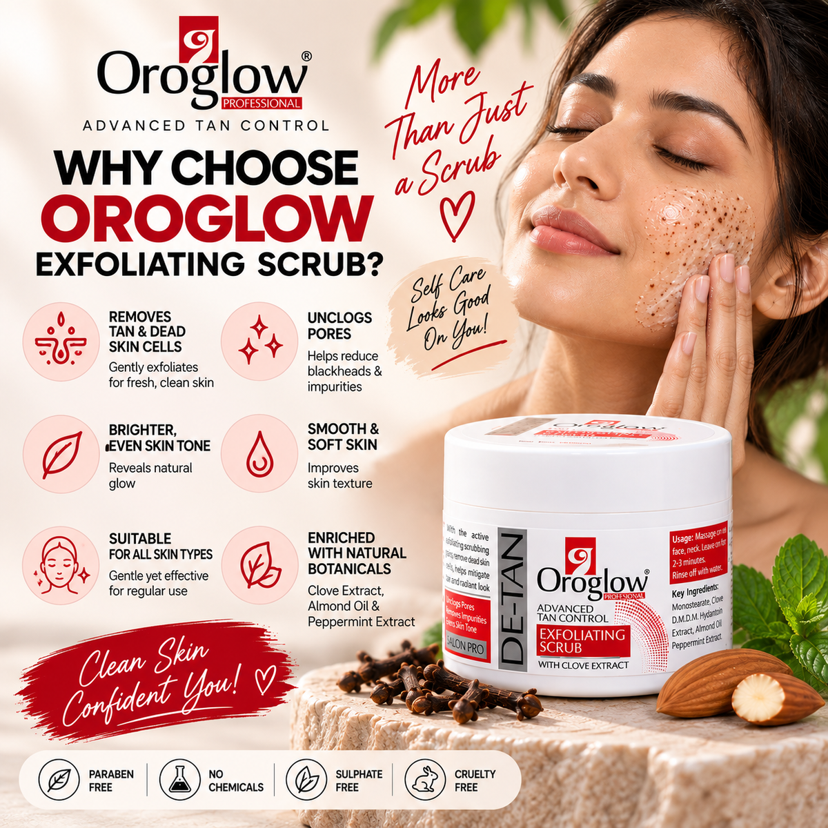 Oroglow Professional De-Tan Exfoliating Scrub with Clove Extract | Advanced Tan Control & Skin Brightening Scrub