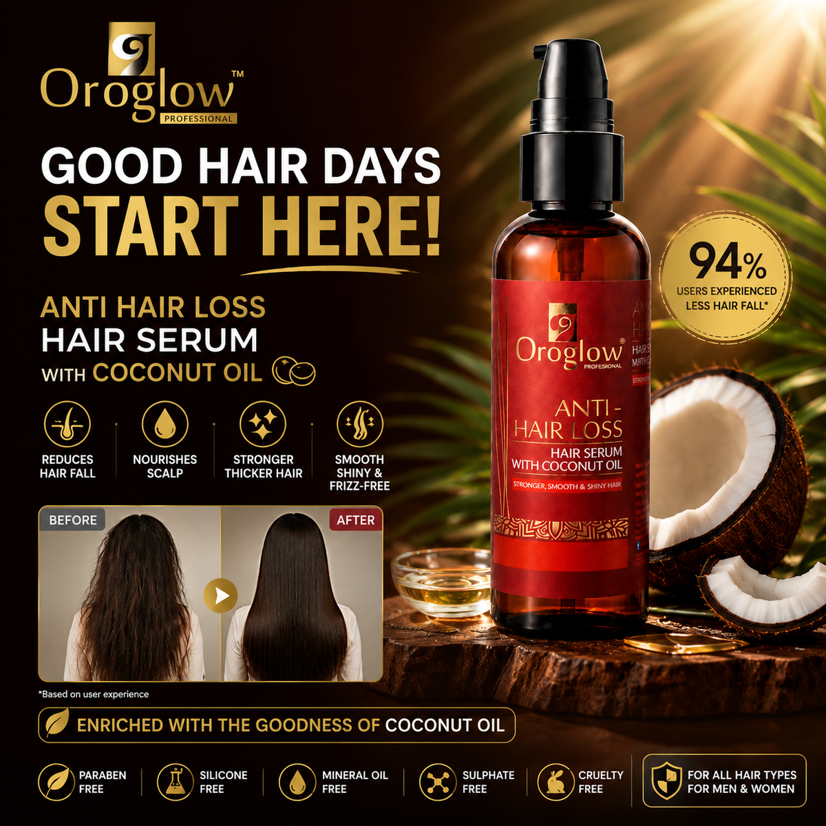Oroglow Professional Anti-Hair Loss Hair Serum with Coconut Oil | Hair Strengthening & Frizz Control Serum