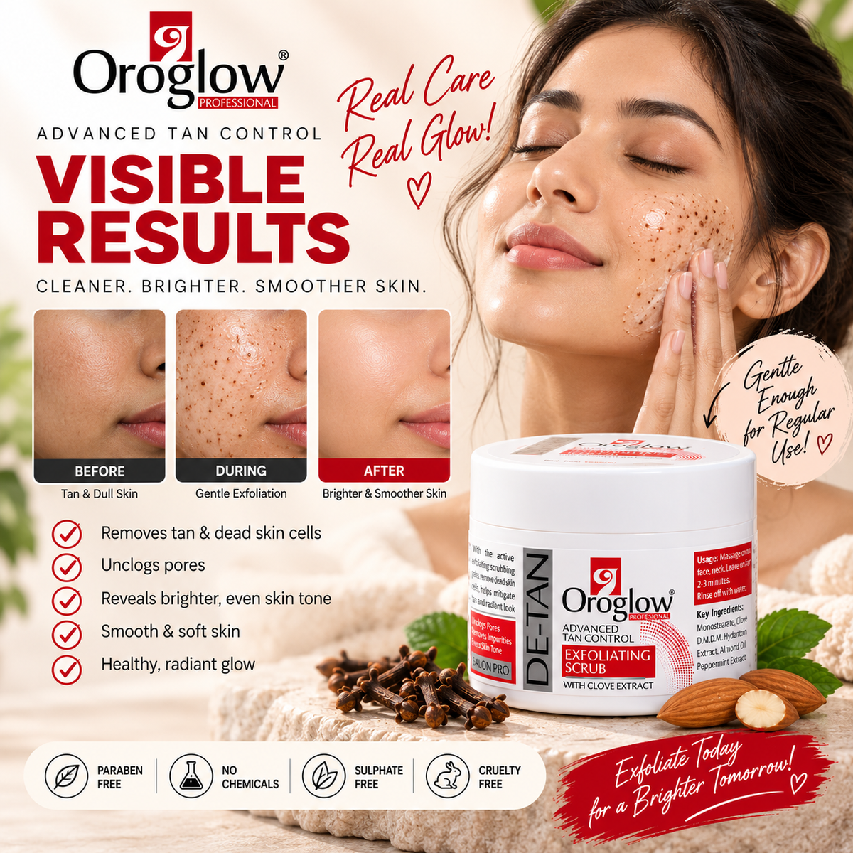 Oroglow Professional De-Tan Exfoliating Scrub with Clove Extract | Advanced Tan Control & Skin Brightening Scrub