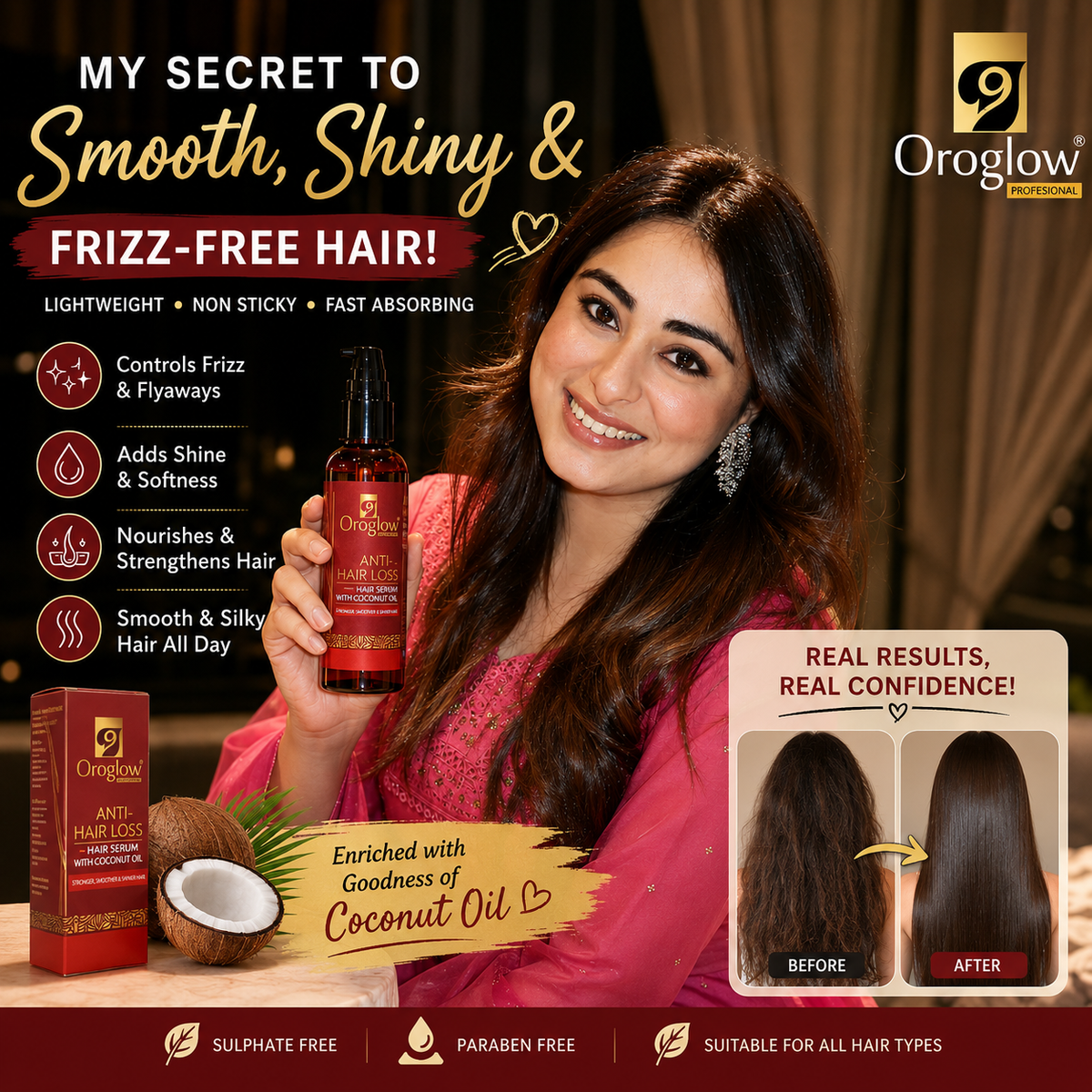 Oroglow Professional Anti-Hair Loss Hair Serum with Coconut Oil | Hair Strengthening & Frizz Control Serum