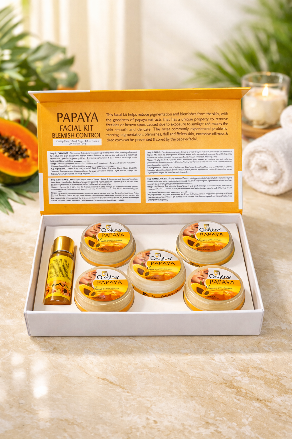 Oroglow Professional Papaya Facial Kit for Blemish Control & Skin Brightening (3